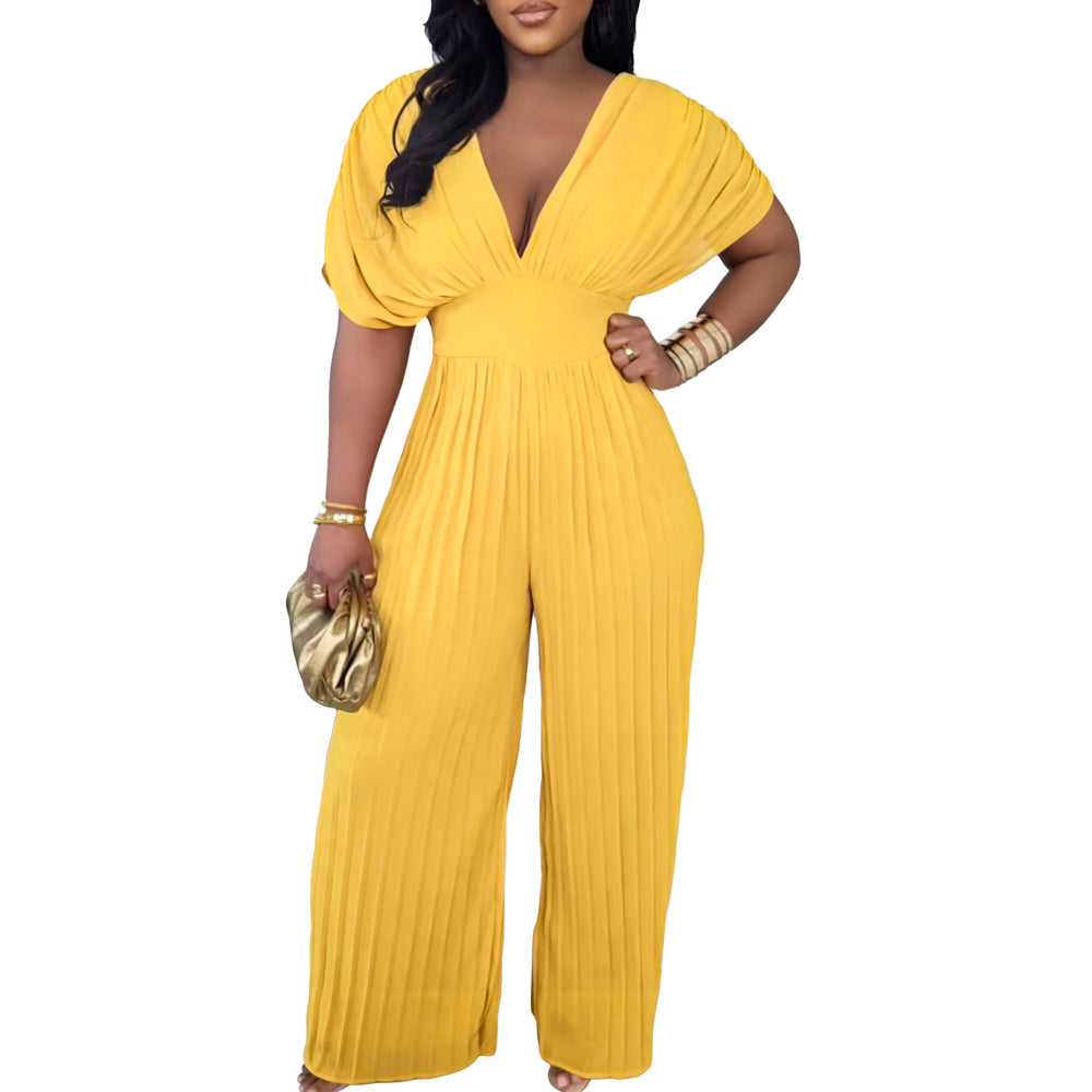 C8592  foreign trade  new european and american cross-border fashion v-neck high-waisted solid color sexy pleated jumpsuit