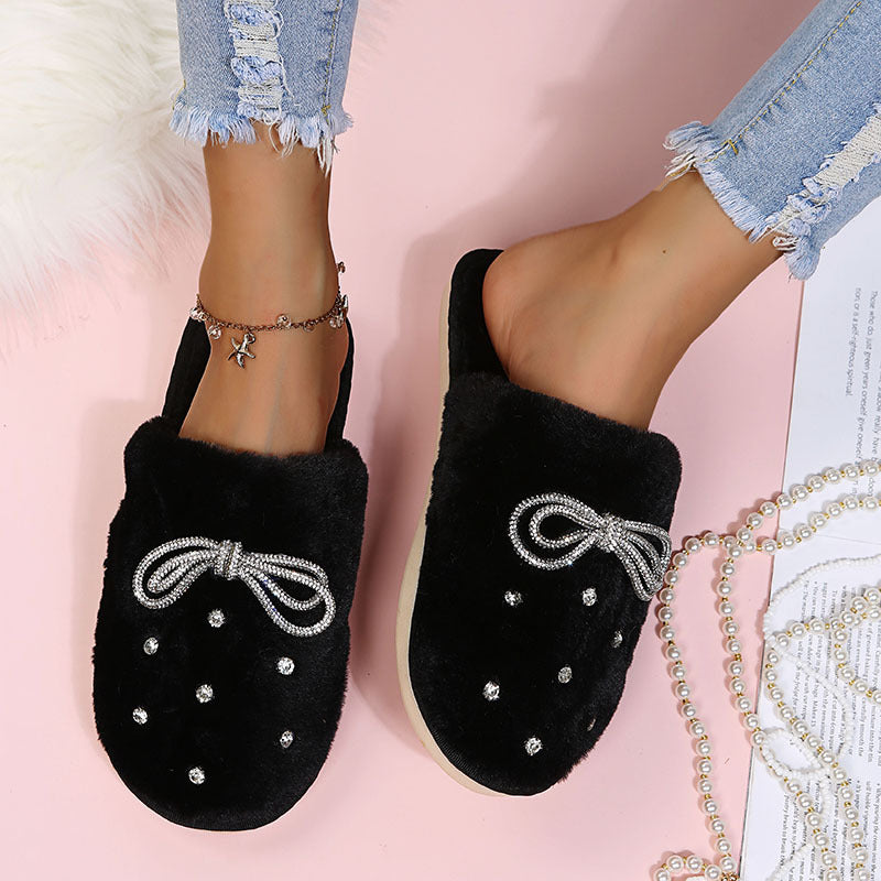 Rhinestone bow slippers women's 2024 new korean style closed-toe fuzzy slippers trendy autumn/winter indoor/outdoor cotton slippers