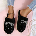 Rhinestone bow slippers women's 2024 new korean style closed-toe fuzzy slippers trendy autumn/winter indoor/outdoor cotton slippers