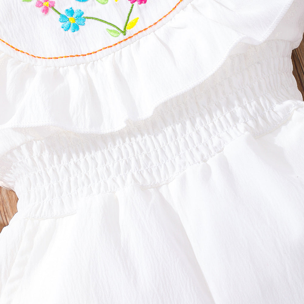 Girls' (toddler) romper, summer round neck embroidered smocked romper