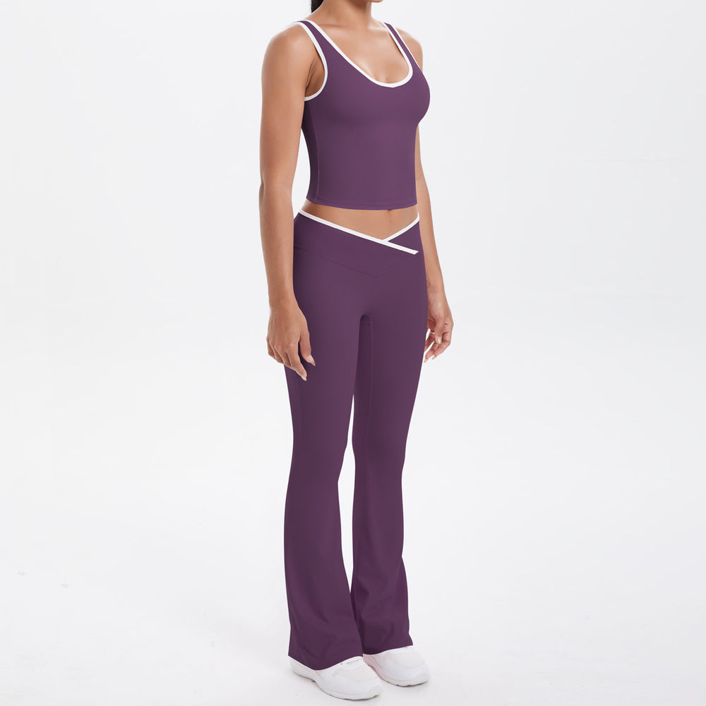 double-sided brushed contrast color tight breathable cross wide-leg yoga suit sports running fitness two-piece set