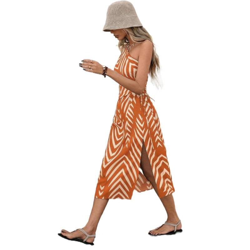 Amazon european bohemian style one-shoulder waist-cinching cutout drawstring slit vacation print dress for women