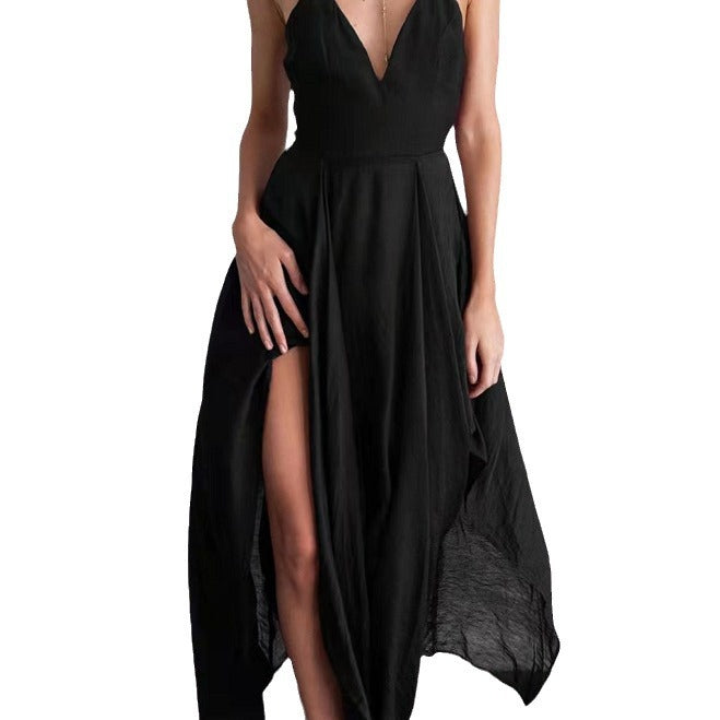cross-border  summer european and american style women's camisole v-neck asymmetrical hem sexy maxi dress
