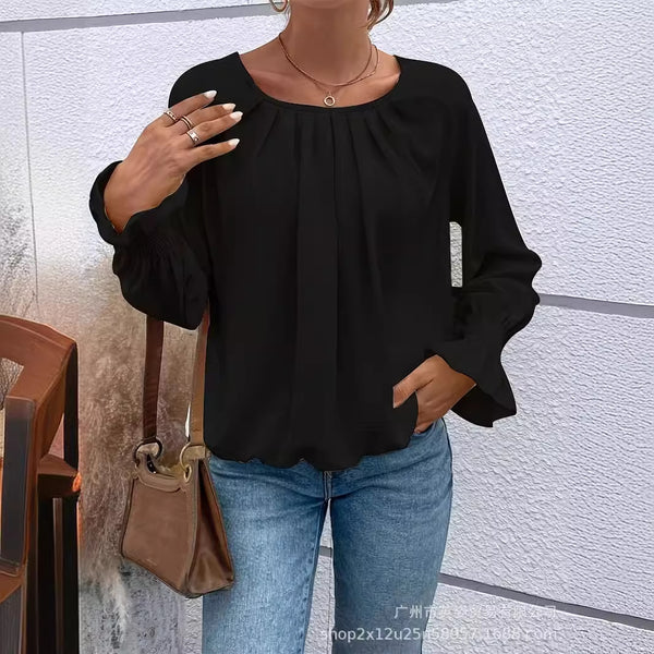 wish new temperament women's clothing commuter casual solid color crew neck shirt women's top  spot