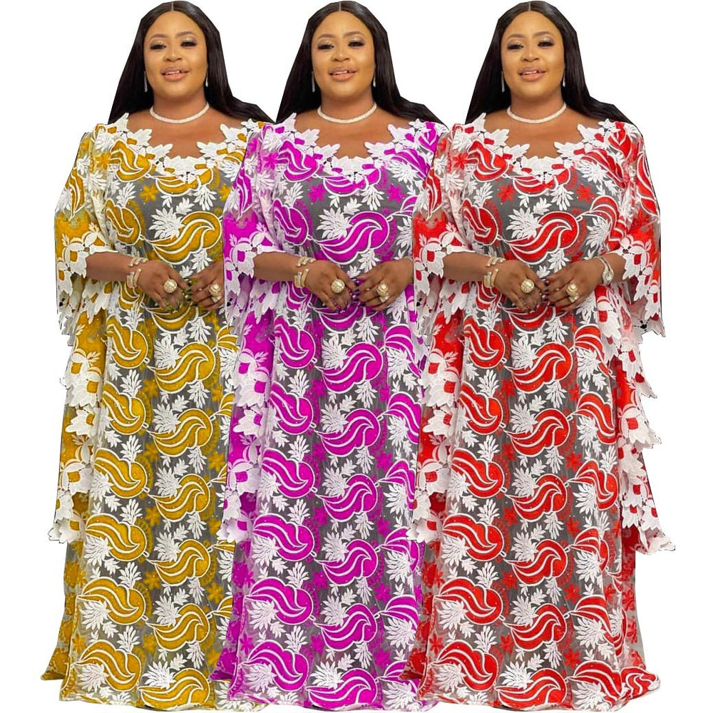 supply african plus sizeloose bat shirt women's colorful water-soluble lacev neck blouse robe dress