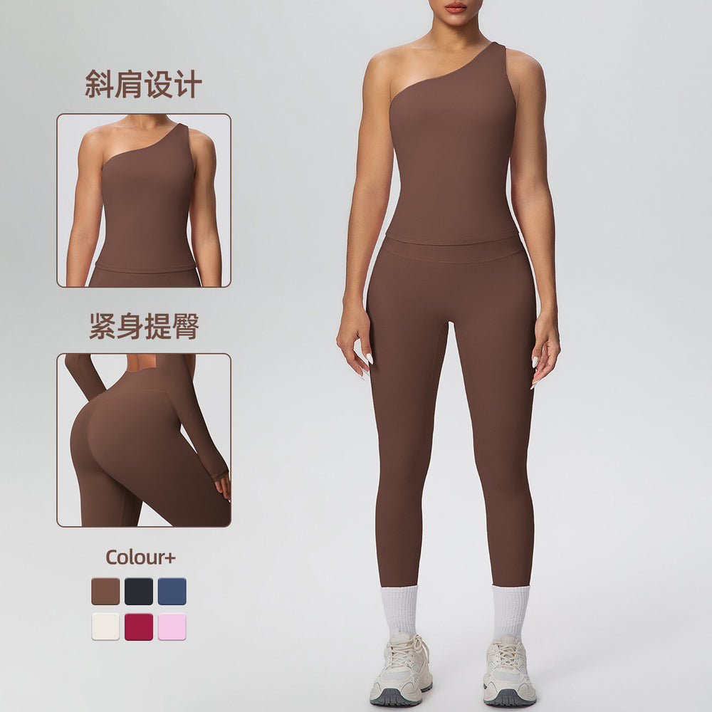 New arrival cross-border double-sided brushed nude tight one-shoulder vest sports suit running fitness yoga clothes two-piece set