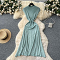 Women's short-sleeve knit dress -  summer collection: high-end, slim-fit, figure-flattering, elegant, minimalist vertical stripe knit maxi dress