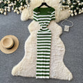 Korean style blue and white striped square neck knitted dress - women's summer short sleeve high waist a-line dress - commuter chic, slimming fit