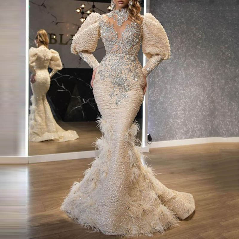 european and american cross-border new  dress v neck feather princess dress gold long mesh evening dress
