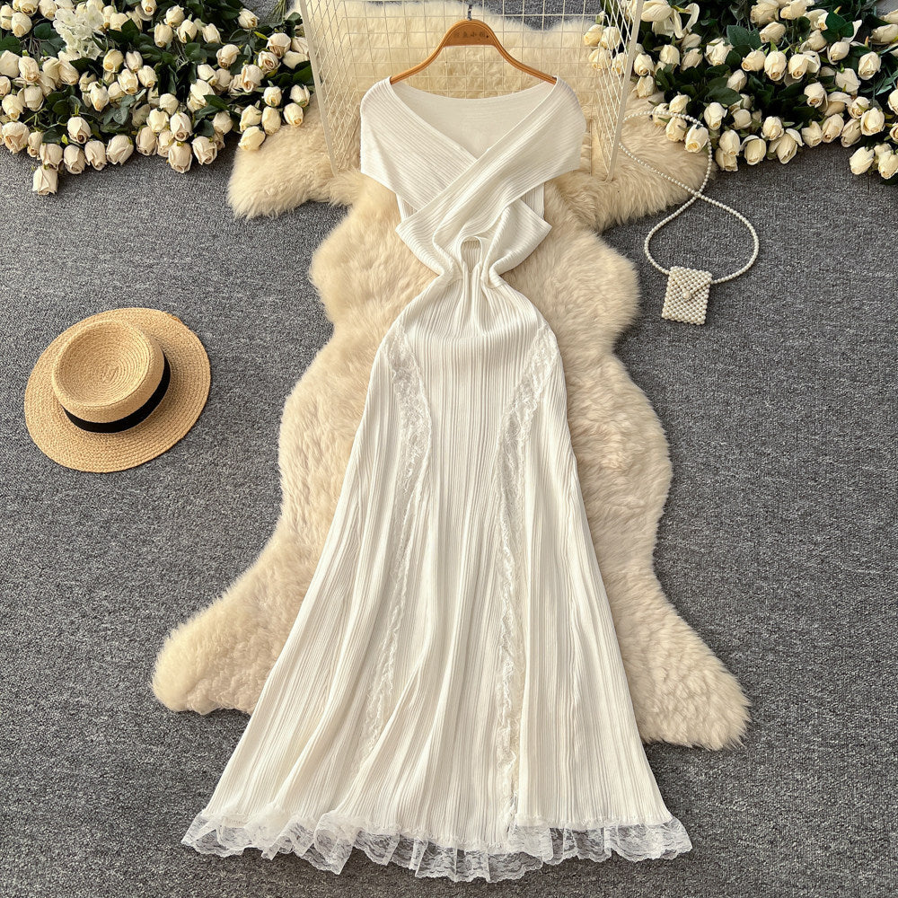 Luxury off-the-shoulder lace trim a-line knit dress - women's summer sleeveless high-end commute chic maxi dress