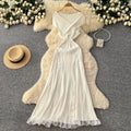 Luxury off-the-shoulder lace trim a-line knit dress - women's summer sleeveless high-end commute chic maxi dress