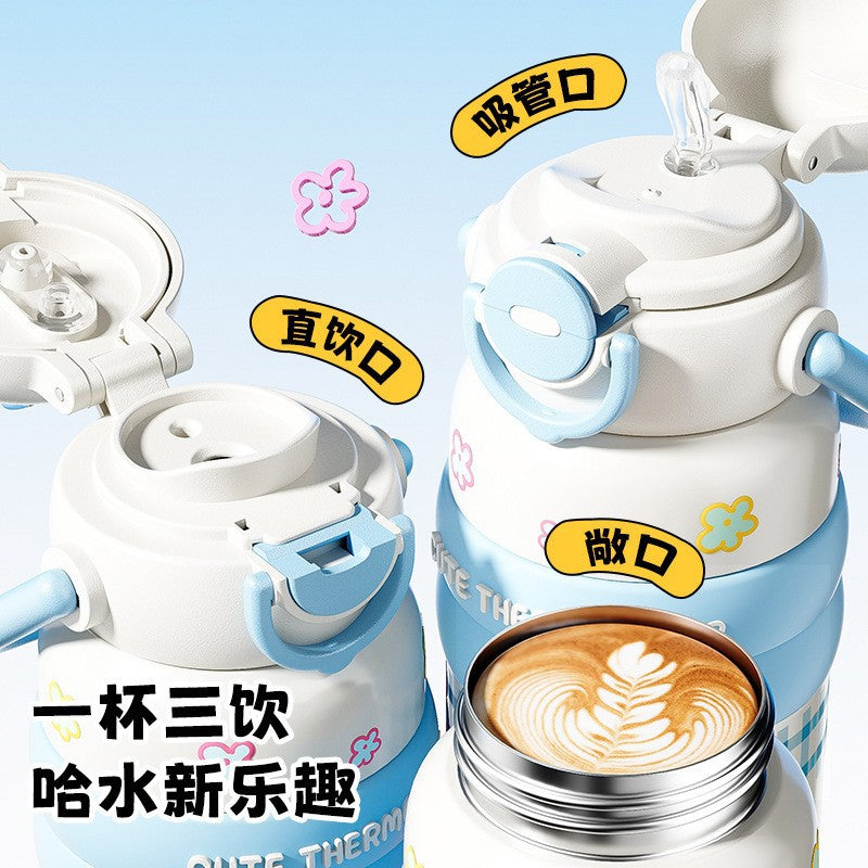New arrival, good-looking cartoon handle thermos cup, double drink ton cup, straw carrying cup, lock, bounce lid, large capacity