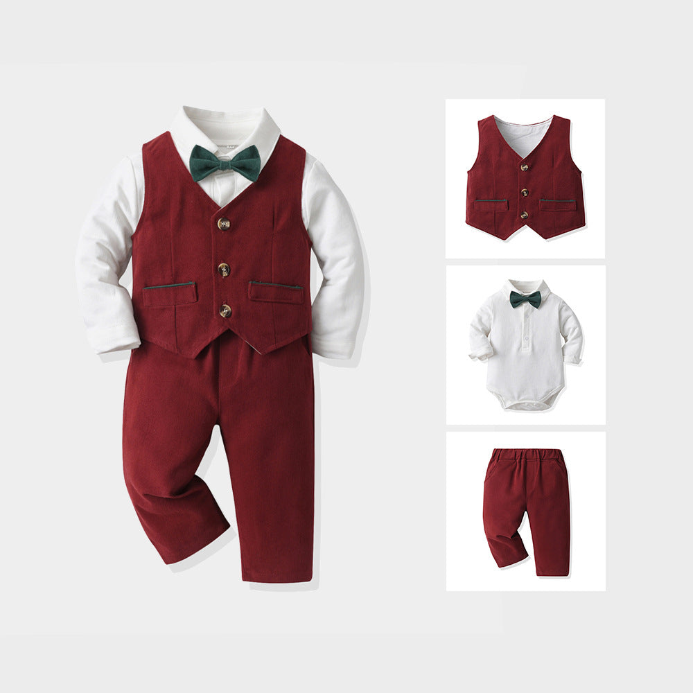 Wholesale new spring/autumn boys' gentleman outfit: vest, romper, and three-piece set for baby and toddler first birthday celebration
