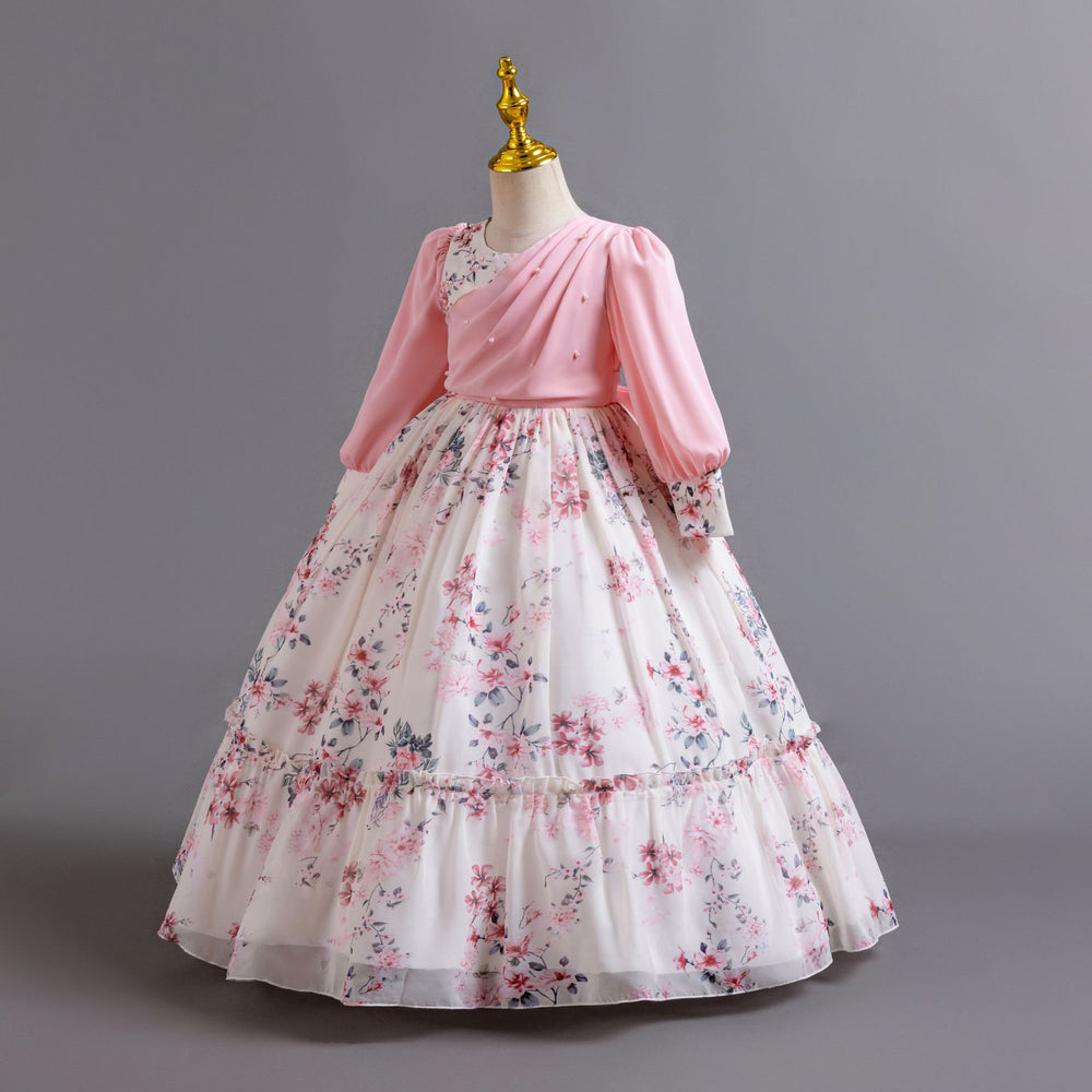 New in stock girls floral evening dress chiffon long sleeves princess dress model catwalk dressgirl dress