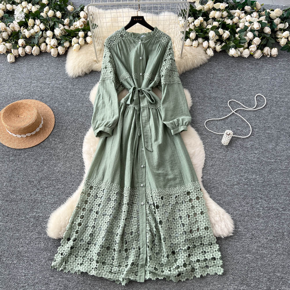 French retroelegancedress women's new arrivalclassy lacepatchwork strap waist elegant long skirt