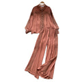 French court style chic lace patchwork pearl button lantern sleeve blouse and high-waisted wide leg casual pants set