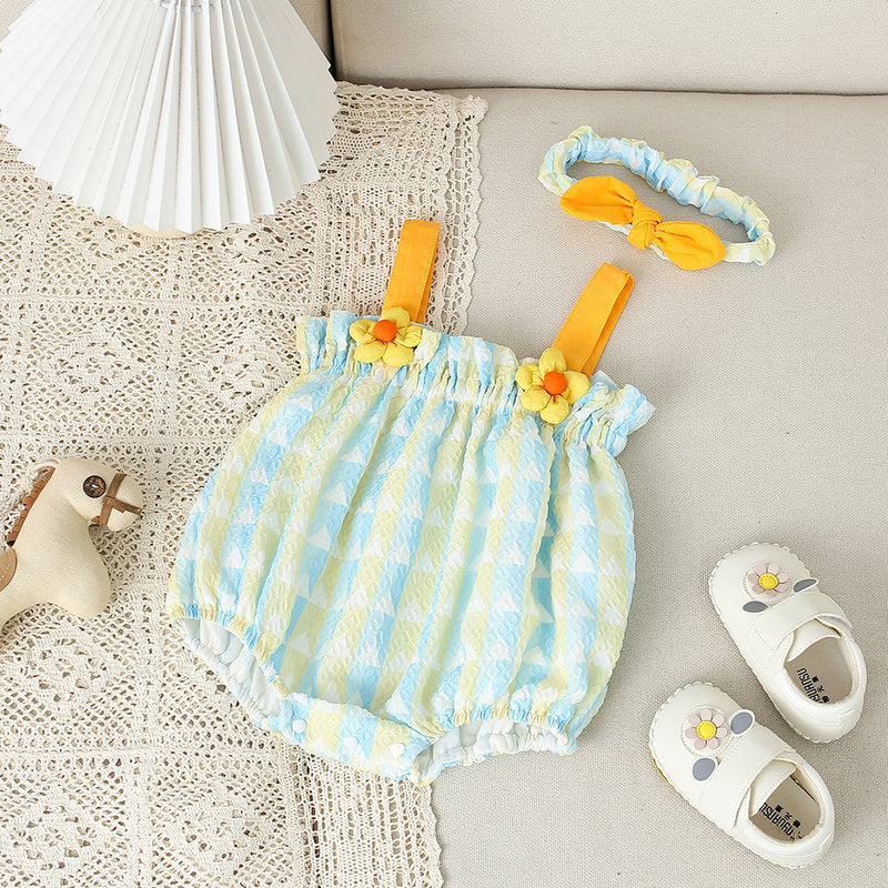 Newborn infant summer new korean style chic baby girl 3d floral striped romper with lantern sleeves - trendy bodysuit