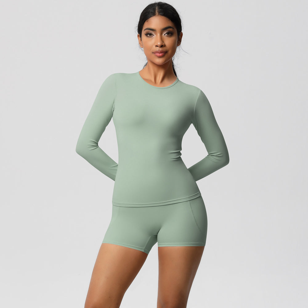 European and american solid color slim-fit long sleeve t-shirt yoga outfit set - high-waisted, barely-there feel, quick-dry activewear two-piece set for running and fitness