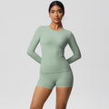 European and american solid color slim-fit long sleeve t-shirt yoga outfit set - high-waisted, barely-there feel, quick-dry activewear two-piece set for running and fitness