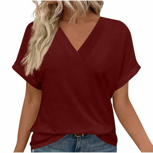 spring/summer  independent station european and american foreign trade new women's loose plus size v-neck solid color short sleeve t-shirt