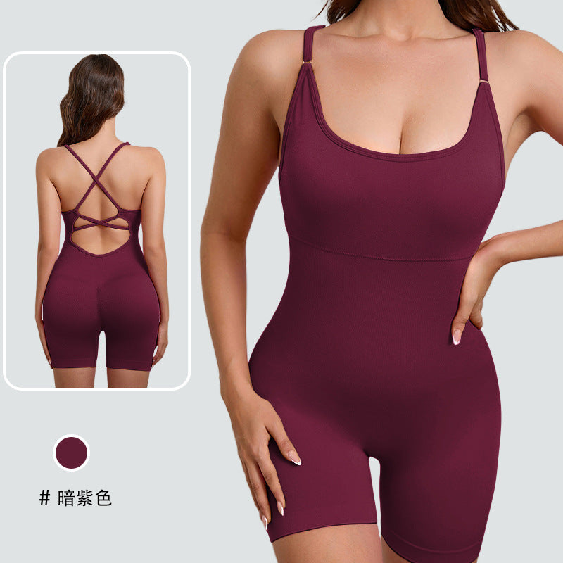 European and american style one-piece yoga bodysuit with removable padded bra, criss-cross back design, breathable, casual, activewear, and shaping bodysuit