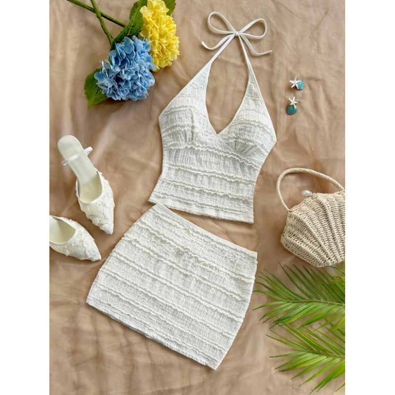 Women's summer new sexy vacation textured halter top and solid color midi skirt two-piece set