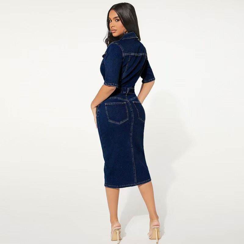 fashionnew arrival lapel hip-covering plus size multi-button denim casual short-sleeved dress
