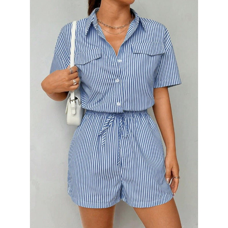 Shipped to europe and the us: -style striped, button-front, short-sleeved, cinched-waist jumpsuit for independent cross-border e-commerce stores