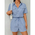 Shipped to europe and the us: -style striped, button-front, short-sleeved, cinched-waist jumpsuit for independent cross-border e-commerce stores