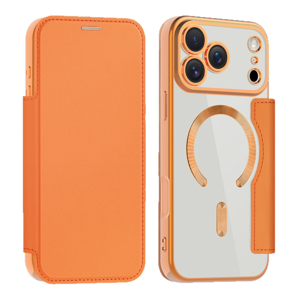 Premium gold shield magnetic leather case for iphone 17 pro max, apple 16 flip cover, full coverage, drop protection