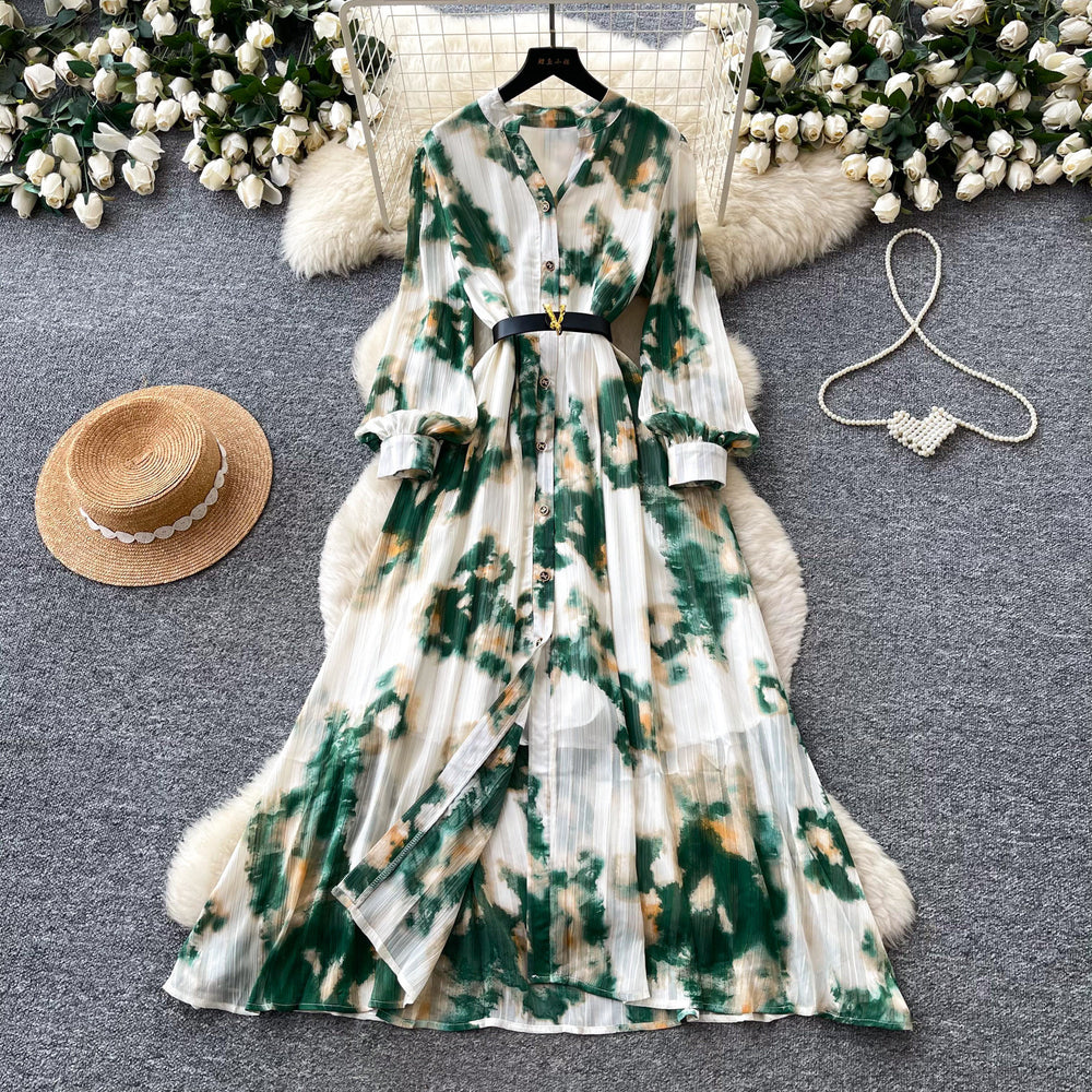 French-inspired, ombre print maxi dress - women's spring/autumn long sleeve v-neck, slim fit, elegant and chic