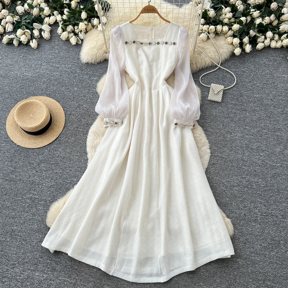 French gentle style heavy industry beading lantern sleeve dress women's k-style slimming lookhigh waista line elegance long skirtelegant