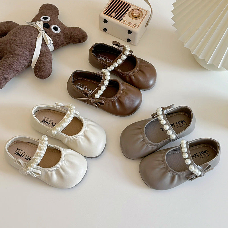 Korean version of girls' small leather shoes, spring and autumn 2025 new soft-soled children's pearl princess shoes, retro Mary Jane single shoes