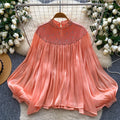 French style palace style heavy industry hot diamond mesh patchwork lantern sleeve streamer mesh shirt loose flesh-covering tops