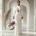 Fashion cross-border elegant banquet women's pure color close-fitting curve hip skirt design sexy chest-wrapped long sleevesdress