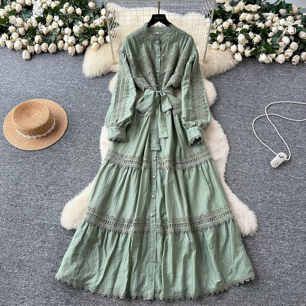 French retro court lace patchwork tie-waist lantern sleeve rhinestone embellished dress - slimming, elegant, and chic maxi dress