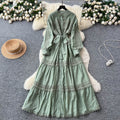 French retro court lace patchwork tie-waist lantern sleeve rhinestone embellished dress - slimming, elegant, and chic maxi dress