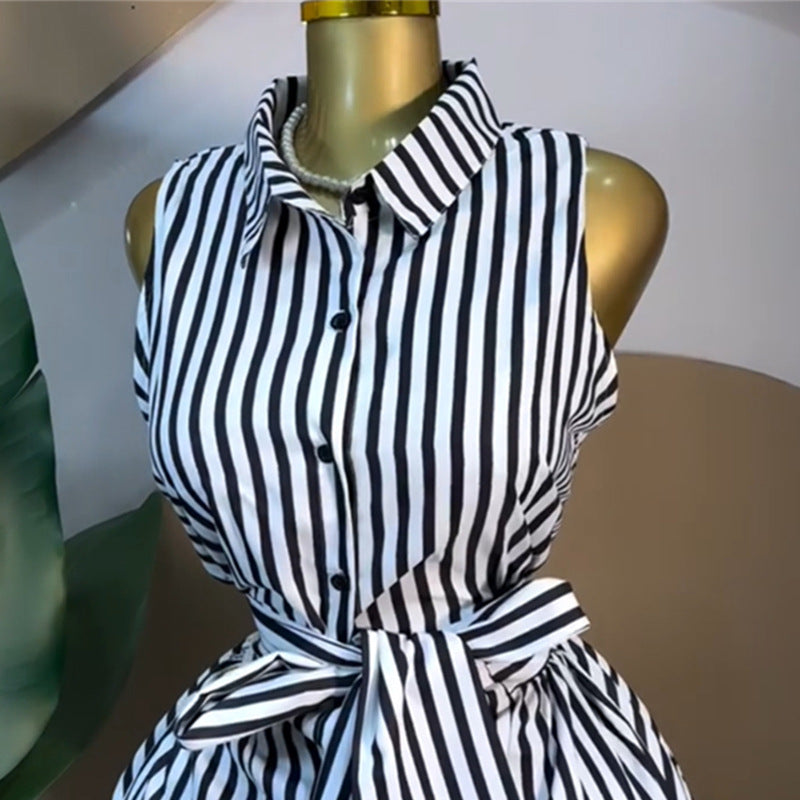 European and american women's clothing  autumn new sweet and fresh striped turn-down collar sleeveless high-waisted slimming shirt dress maxi dress