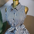 European and american women's clothing  autumn new sweet and fresh striped turn-down collar sleeveless high-waisted slimming shirt dress maxi dress