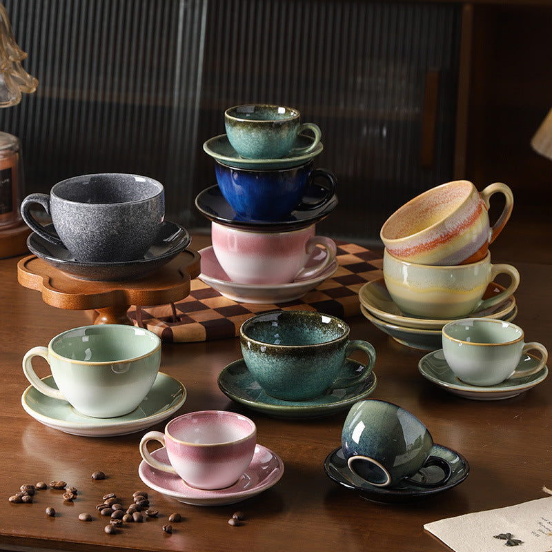Vintage kiln-ware ceramic coffee cup and saucer set - exquisite, unique design for office afternoon tea or milk