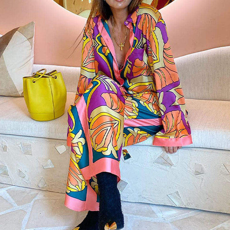 European and american style loose-fit printed long-sleeve shirt ethnic-inspired casual fashion set - custom design and manufacturing available
