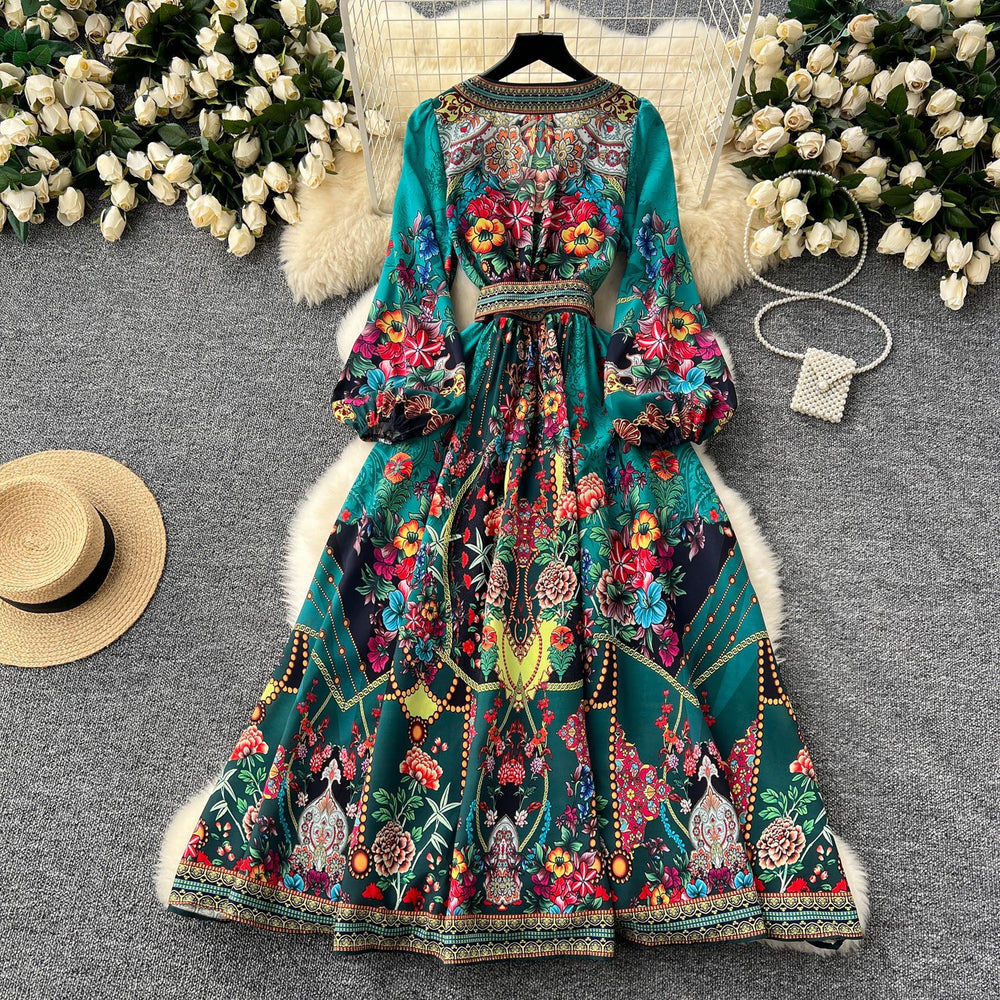 European and american retro chic fashionable printed design one-piece waist-tie wide hem long-sleeve french dress for women