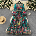 European and american retro chic fashionable printed design one-piece waist-tie wide hem long-sleeve french dress for women