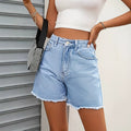 European and american style high-waisted frayed hem denim shorts - women's new summer light blue straight-leg five-pocket shorts - versatile, slimming, and relaxed fit denim