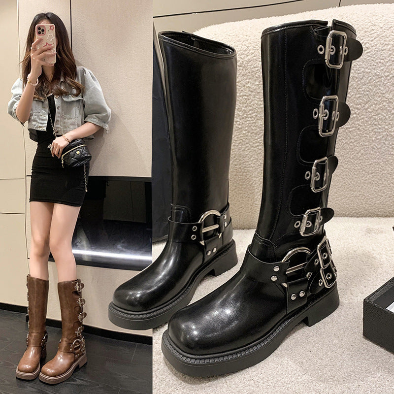 2023 retro women's boots leather thick heel high boots square head knight boots brown high fashion boots