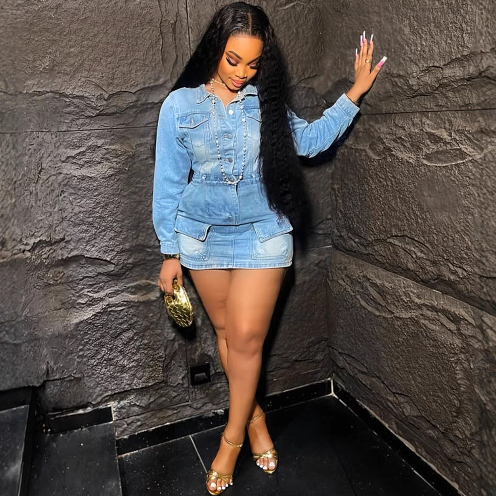 European and american style stretch denim dress -  cross-border fashion women's multi-pocket washed denim mini dress