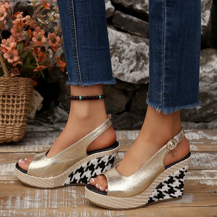 Exportnew arrival wedge woven hemp rope high heel fish mouth back hollow sandals casualwaterproof platform thick sole high heel women's shoes