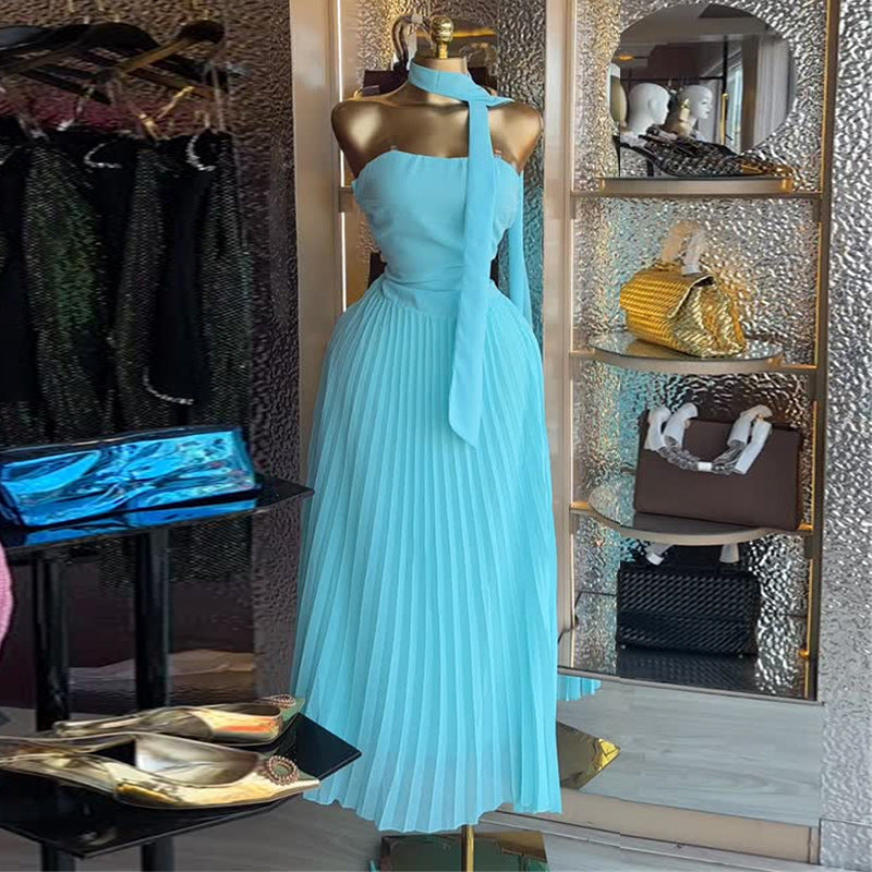 European and american women's clothing  autumn new collection: sweet and fresh bandeau high-waisted slimming pleated maxi dress