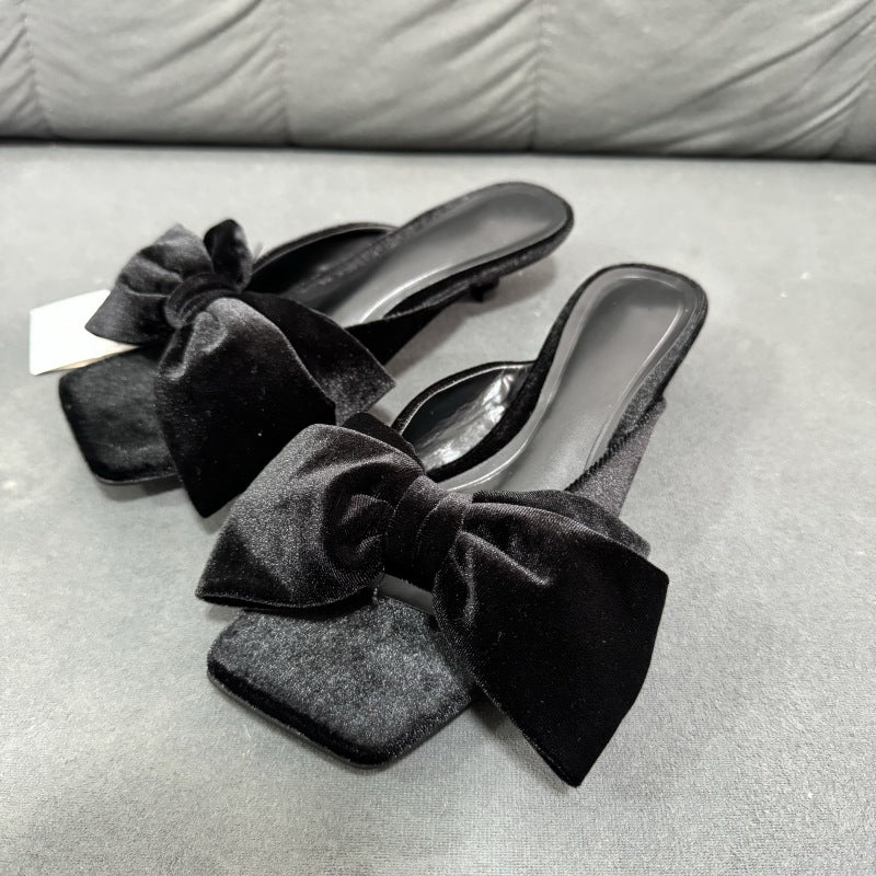 Z's new women's shoes black xishi velvet bows square toe open toe low heel shoes stiletto outwear sandals