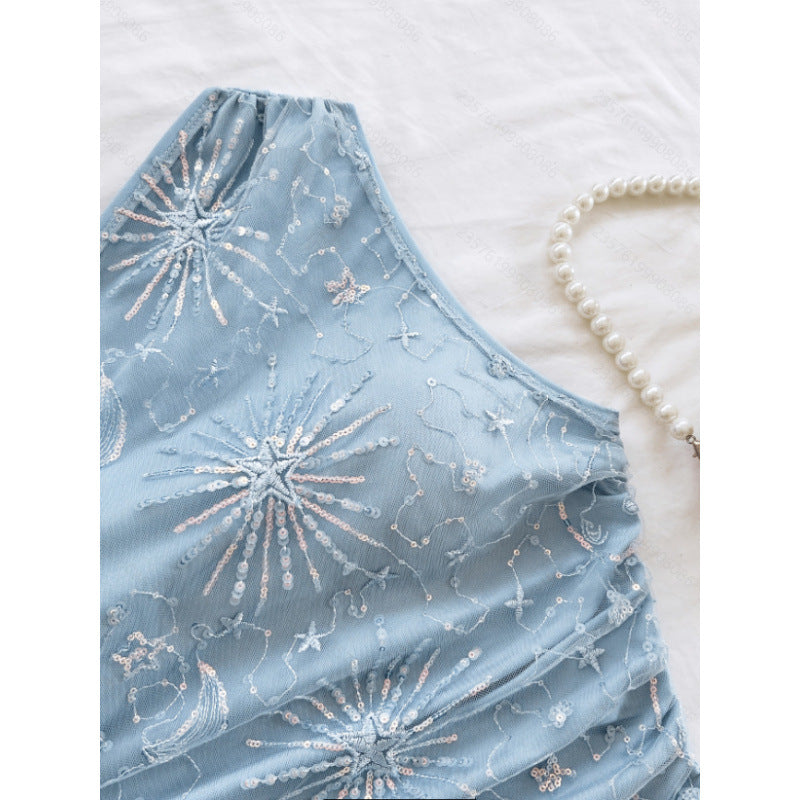 Women's new summer romantic vacation sequin embroidered fabric asymmetrical hem top tank top